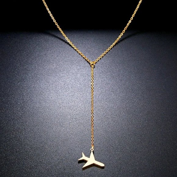 Gold Traveler's Airplane Lariat Necklace
